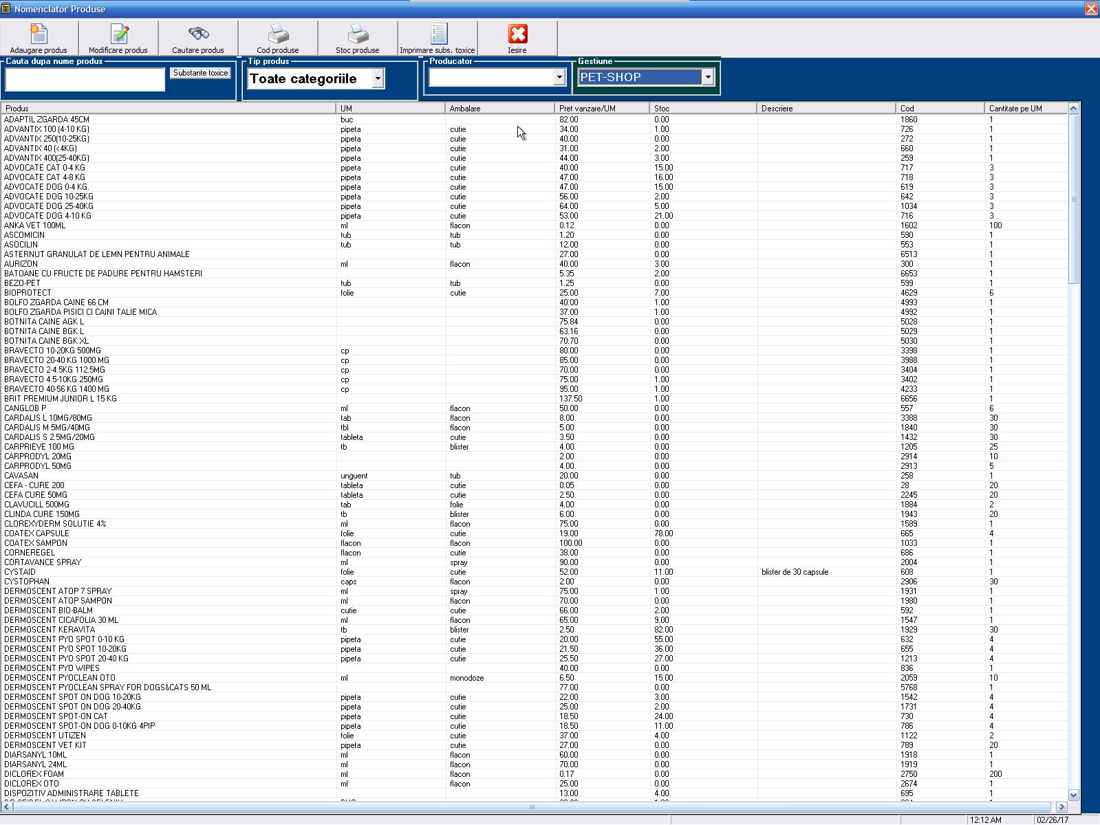 Nomenclator produse - aplicatie software de uz veterinar CAB VET