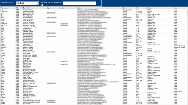 Modul cautare clienti / pacienti - aplicatie  software de uz veterinar CAB VET